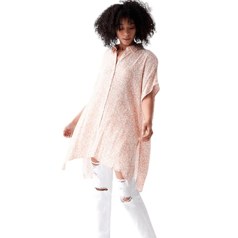 Lost + Wander NWT Peach White Floral Tunic Shirt Dress XS/S Oversized Beach Boho